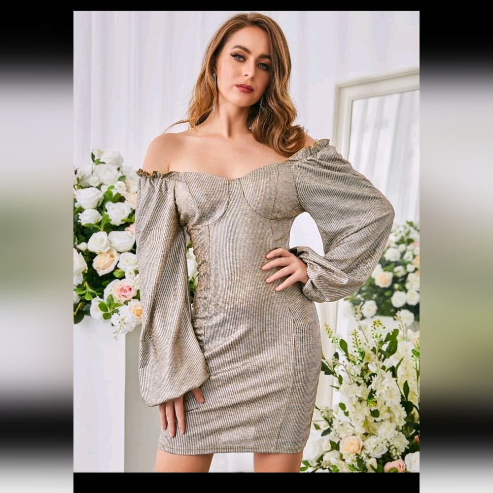 SBetro Sliver Shiny Full Trim Lantern Sleeve Bodycon Dress (Size Small)
